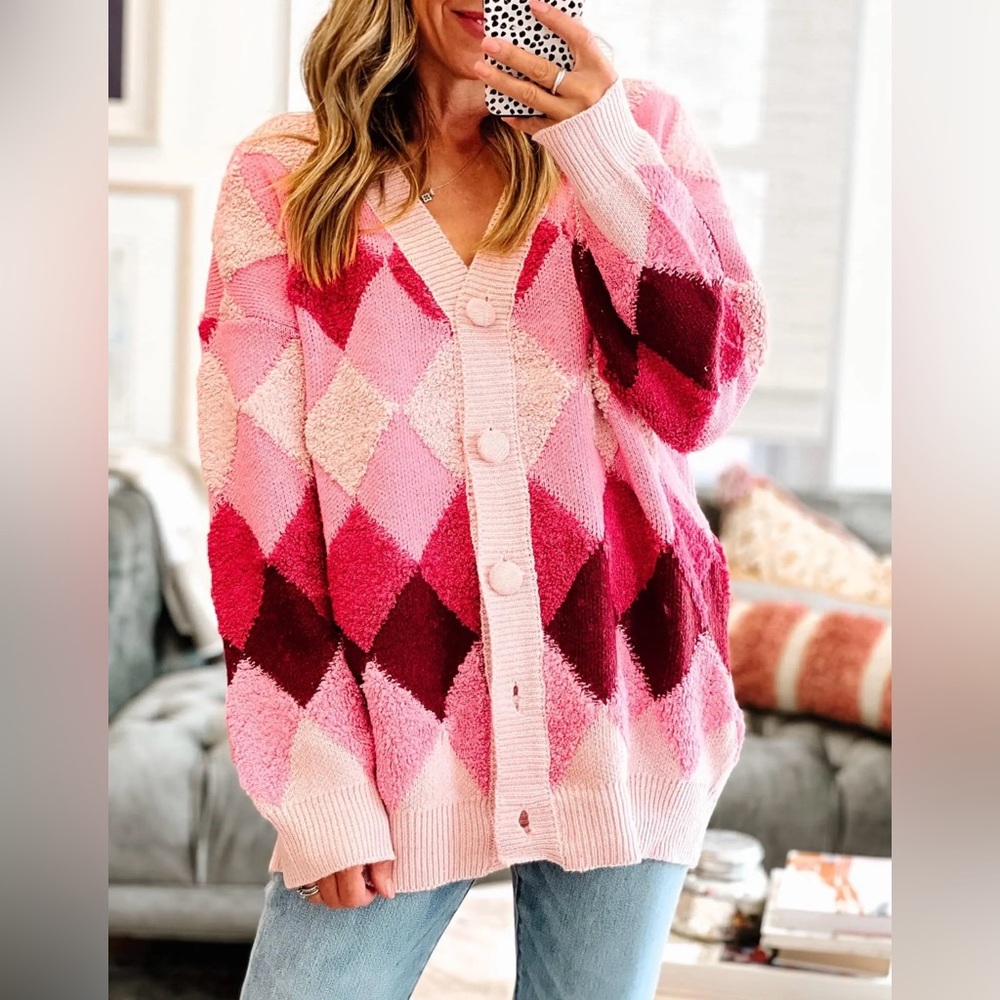 Lush multi pink argyle diamond cardigan 💖
